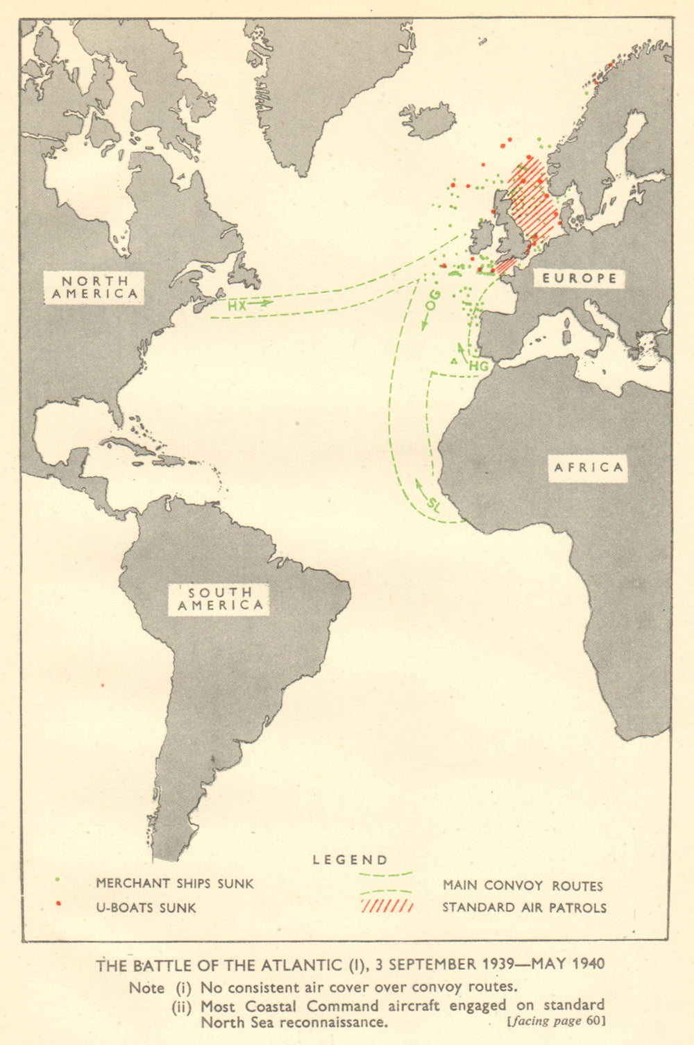 Battle of the Atlantic 3 Sept 1939-May 1940. World War 2. RAF. Convoys 1953 map