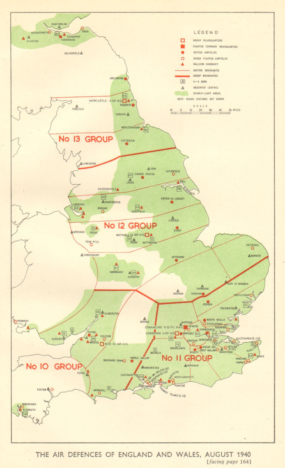 Air defences of England & Wales August 1940 World War 2 Royal Air Force 1953 map