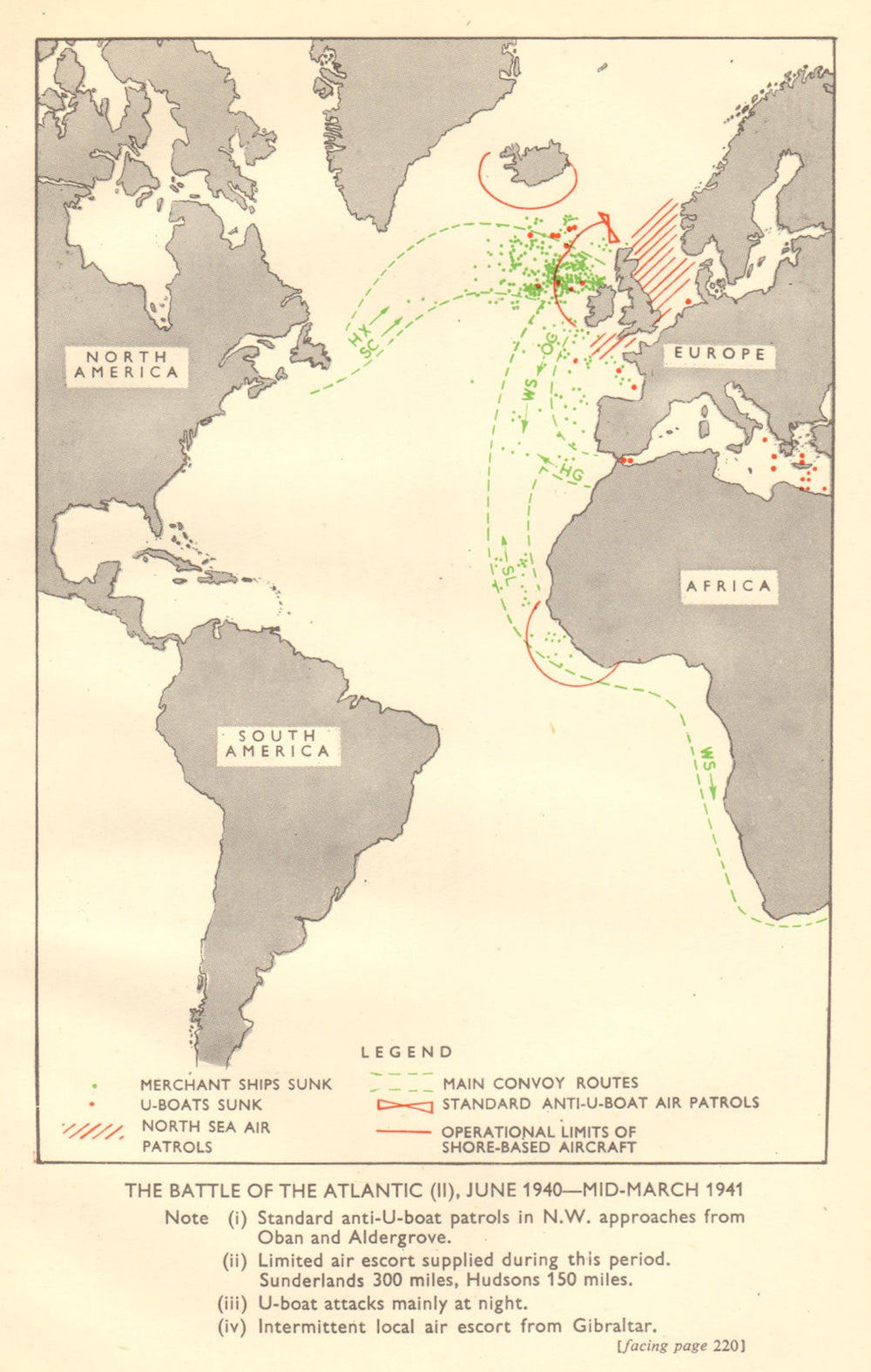 Battle of the Atlantic June 1940-mid-March 1941 World War 2 RAF Convoys 1953 map