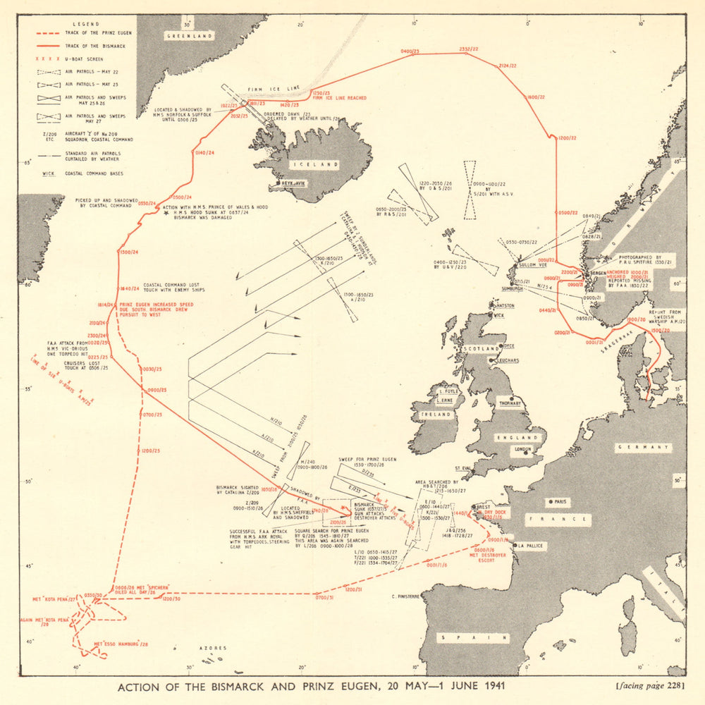 Track of Bismarck & Prinz Eugen 20 May-1 June 1941 World War 2 Atlantic 1953 map