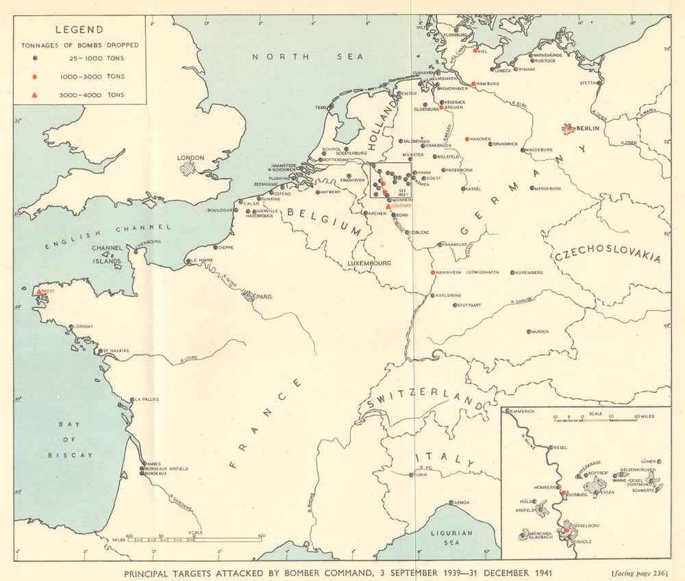 Main RAF Bomber Command targets 1939-1941. World War 2. Germany 1953 old map