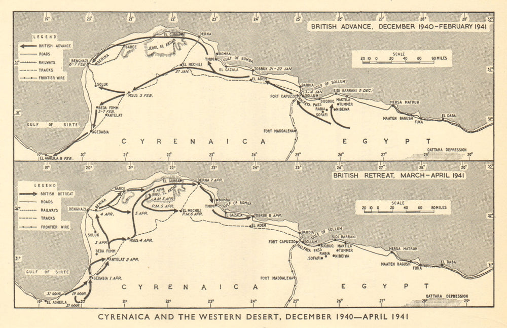 North African Campaign December 1940-April 1941. World War 2. Libya 1953 map