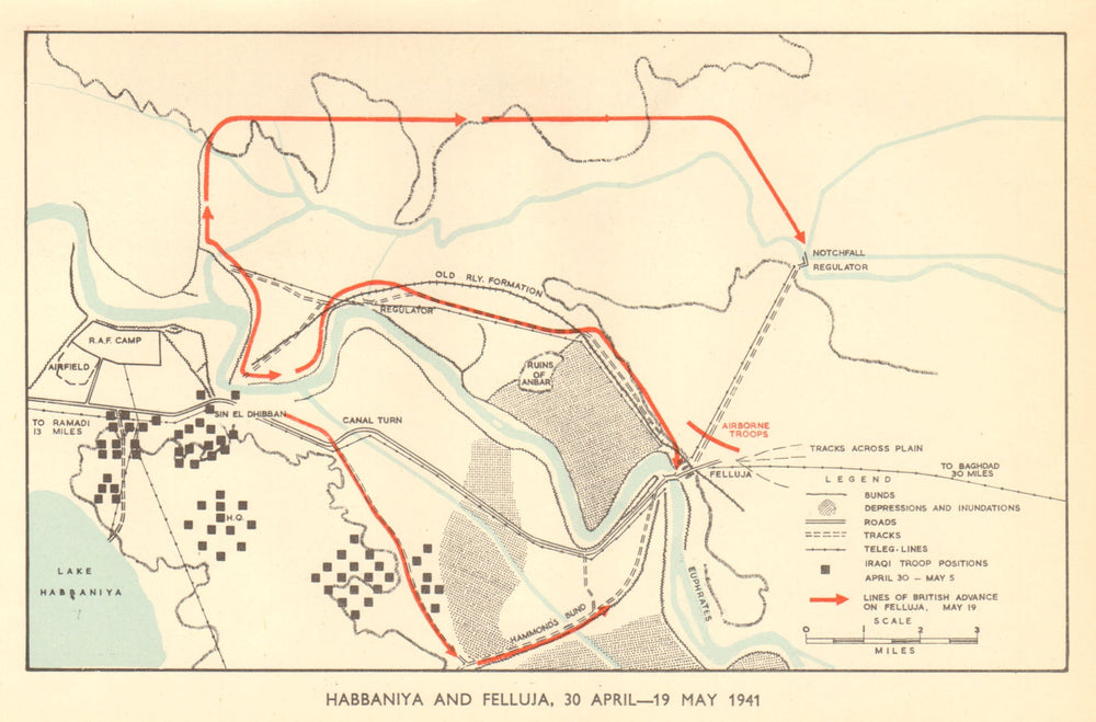 Habbaniya & Felluja 30 April-19 May 1941. World War 2. RAF Iraq 1953 old map