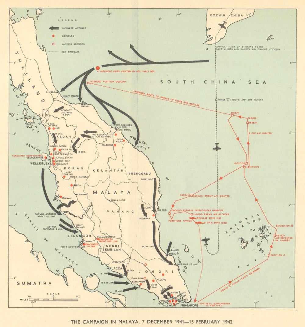 Japanese invasion of Malaya 7 December 1941-15 Feb 1942. World War 2 1954 map