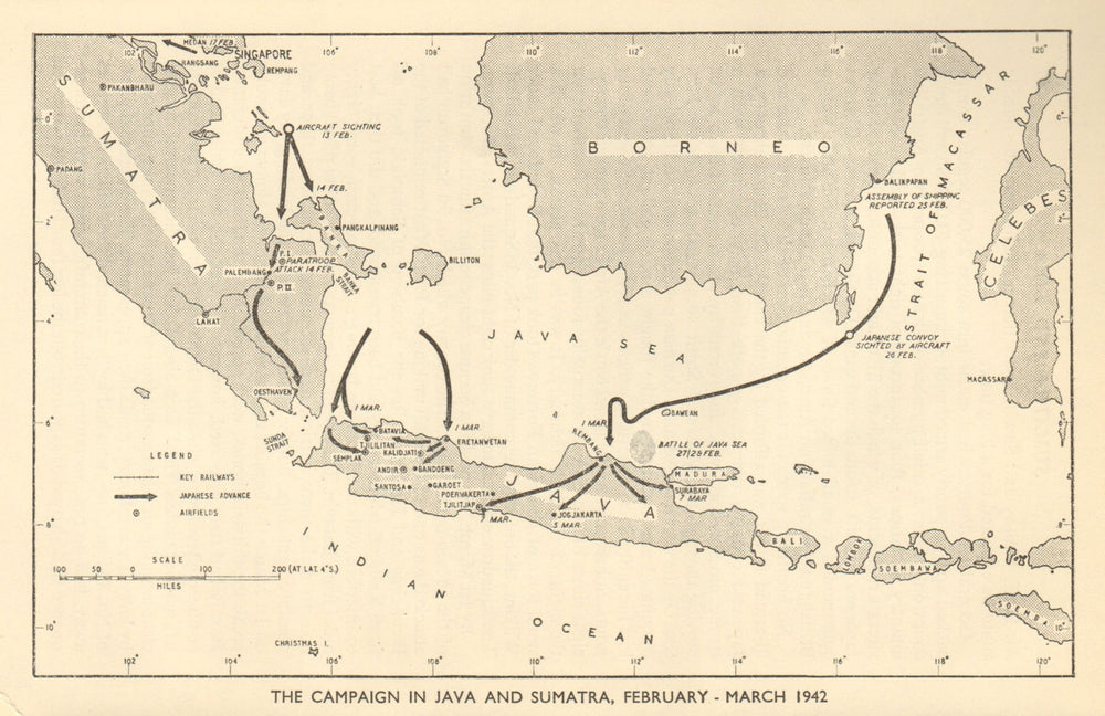 Japanese invasion of Java & Sumatra February-March 1942. World War 2 1954 map