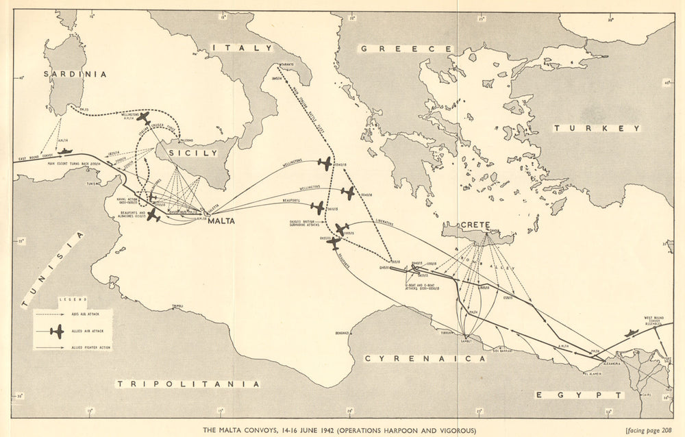 Malta convoys 14-16 June 1942. Operation Harpoon & Vigorous World War 2 1954 map
