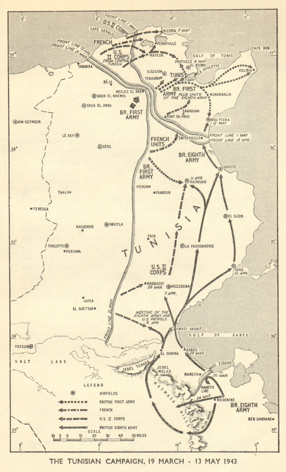 Tunisian campaign 19 March - 13 May 1943. World War 2. North Africa 1954 map