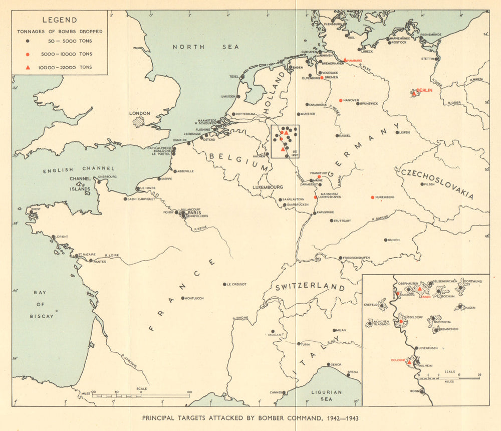 Main RAF Bomber Command targets 1942-1943. World War 2. Germany 1954 old map