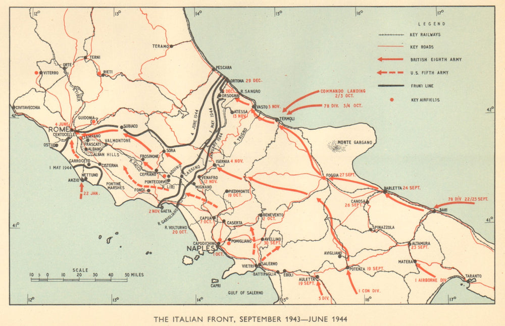 Italian front, September 1943-June 1944. World War 2. Italy. Cassino 1954 map
