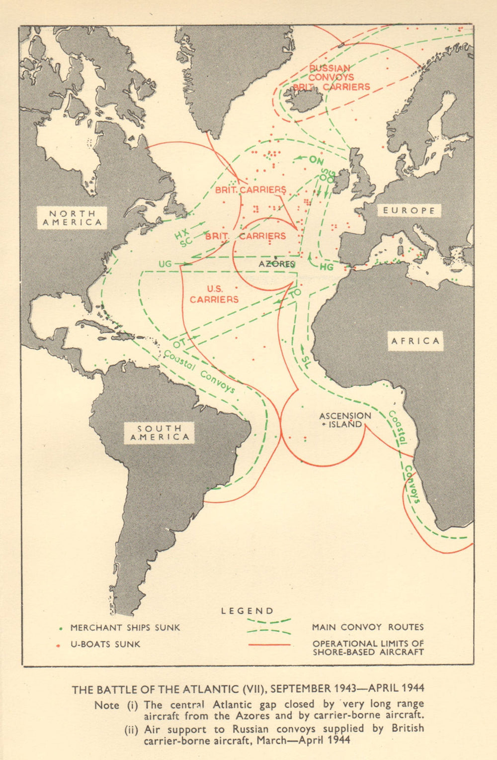 Battle of the Atlantic Sept 1943-April 1944. World War 2. RAF. Convoys 1954 map