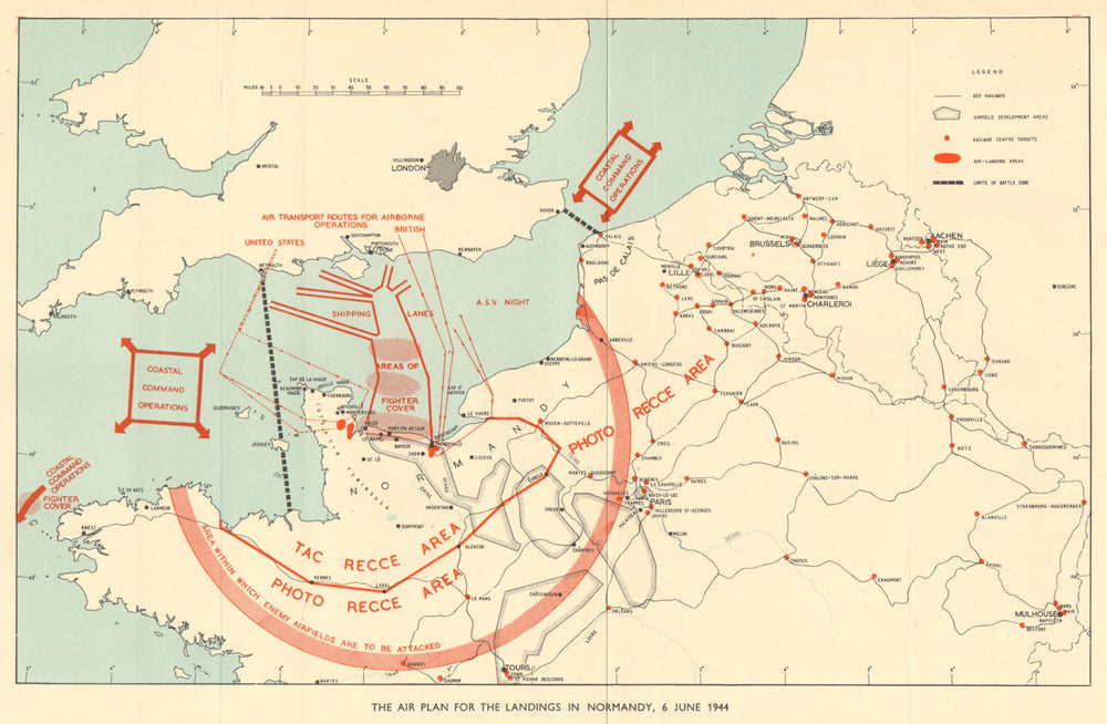 RAF air plan Normany landings 6 June 1944. World War 2. Royal Air Force 1954 map