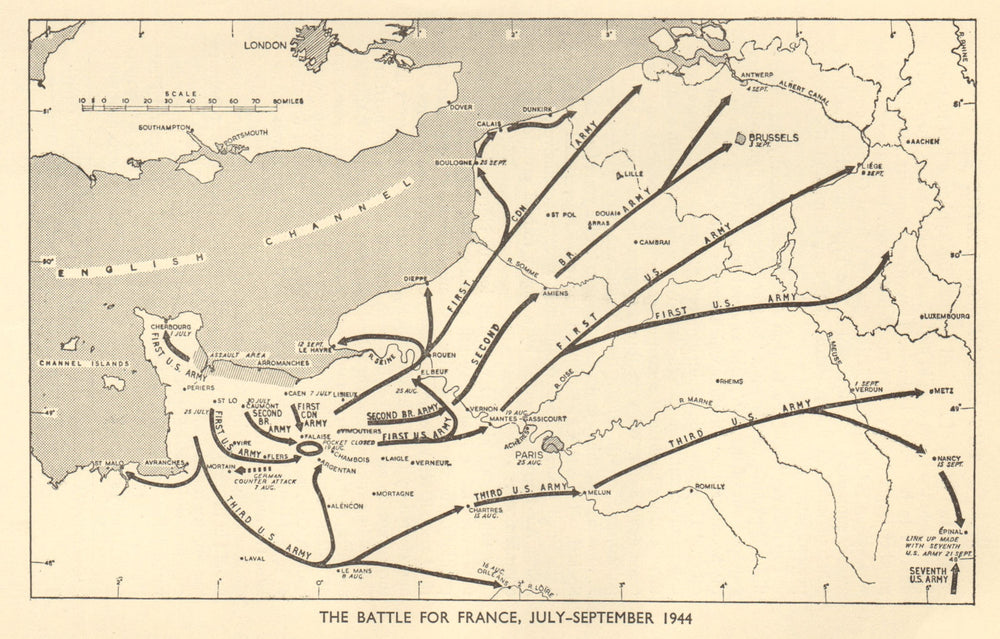 Battle for France, July-September 1944. World War 2. Normandy Landings 1954 map