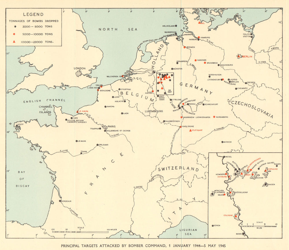 Main RAF Bomber Command targets 1944-1945. World War 2. Germany 1954 old map
