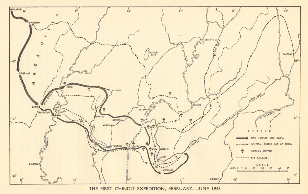 1st Chindit Expedition, February-June 1943. World War 2. Burma Myanmar 1954 map