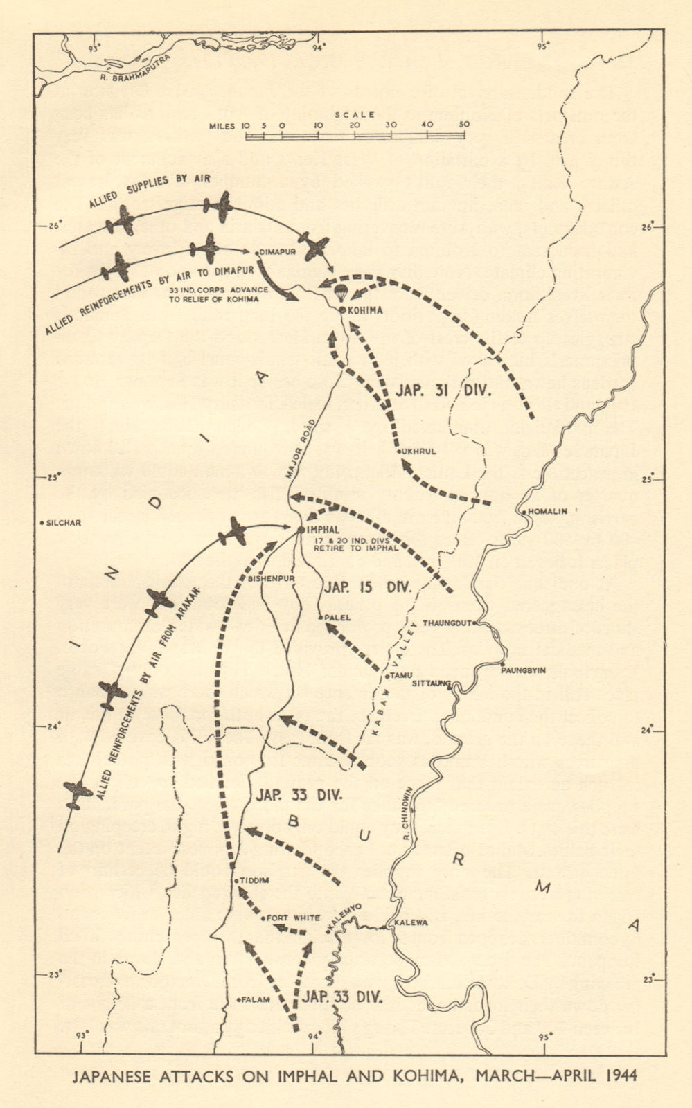 Japanese attacks on Imphal & Kohima March-April 1944. World War 2 Burma 1954 map