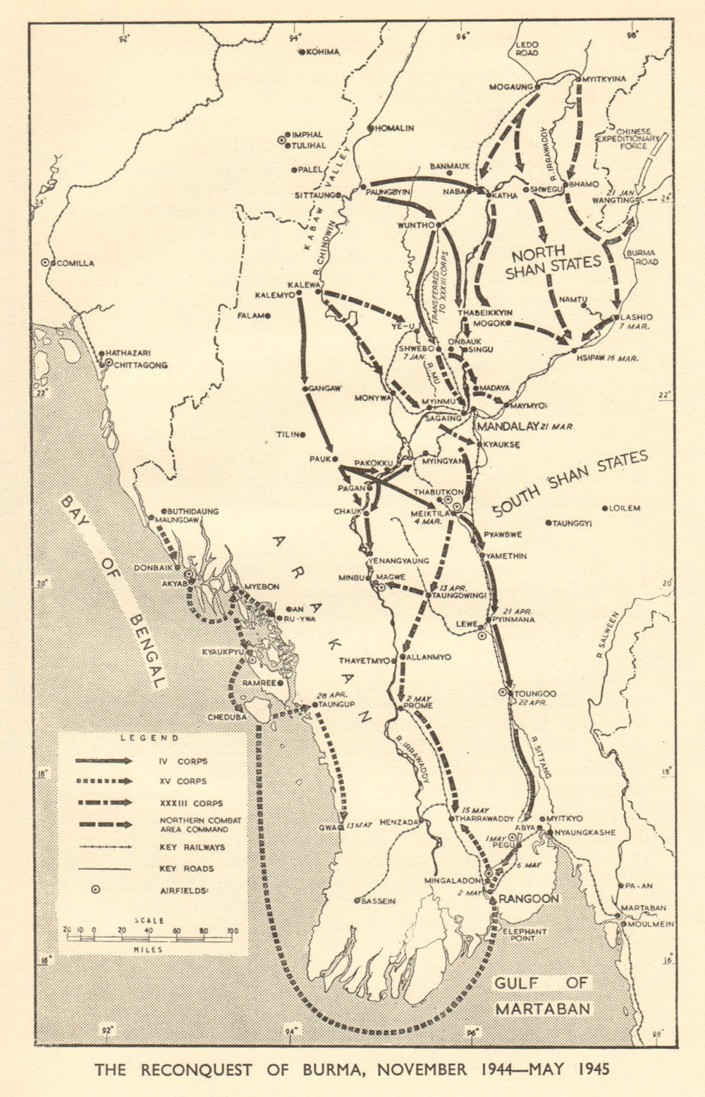 Reconquest of Burma November 1944-May 1945. World War 2. Myanmar 1954 old map
