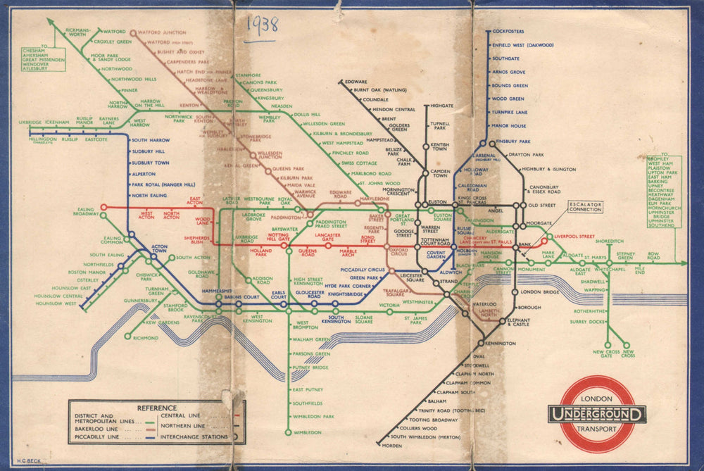 LONDON UNDERGROUND tube plan map diagram. Middle Circle. HARRY BECK #1 1938
