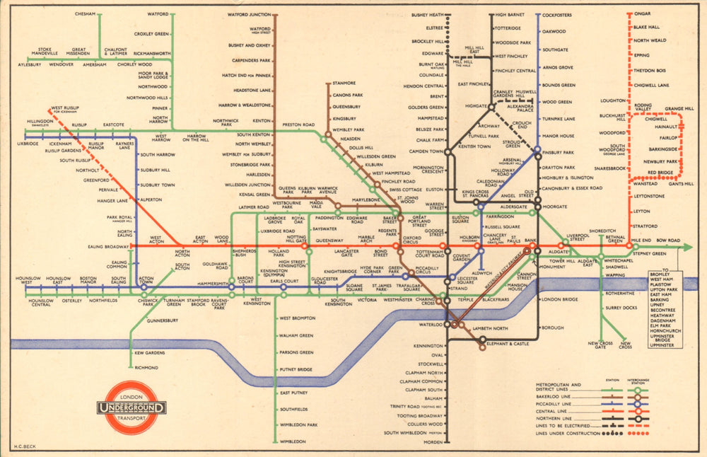 LONDON UNDERGROUND tube map plan. Central line extensions u/c HARRY BECK #1 1947