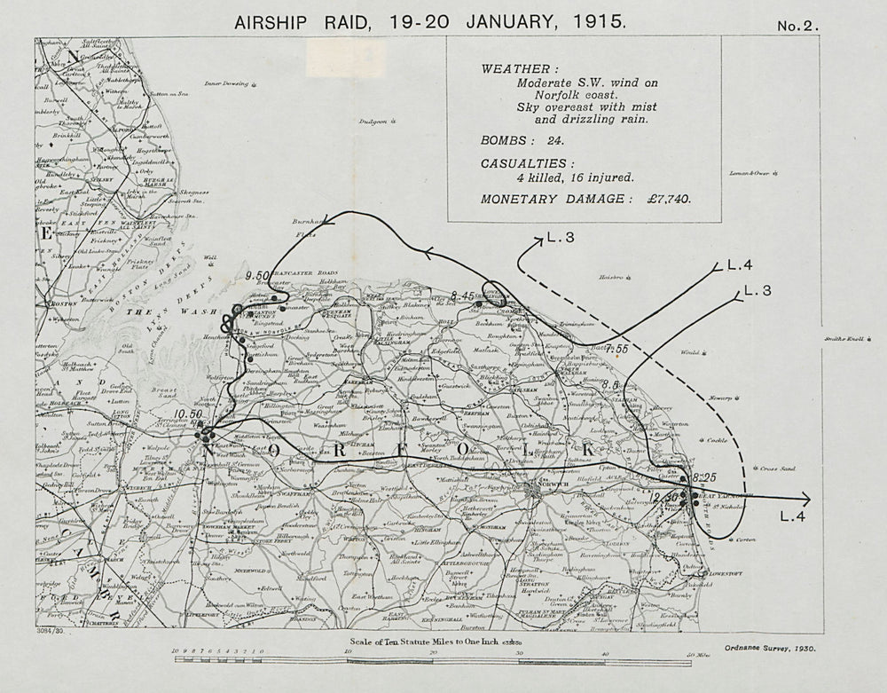 WW1 German Airship raid 19-20 January 1915 Yarmouth King's Lynn Norfolk 1930 map