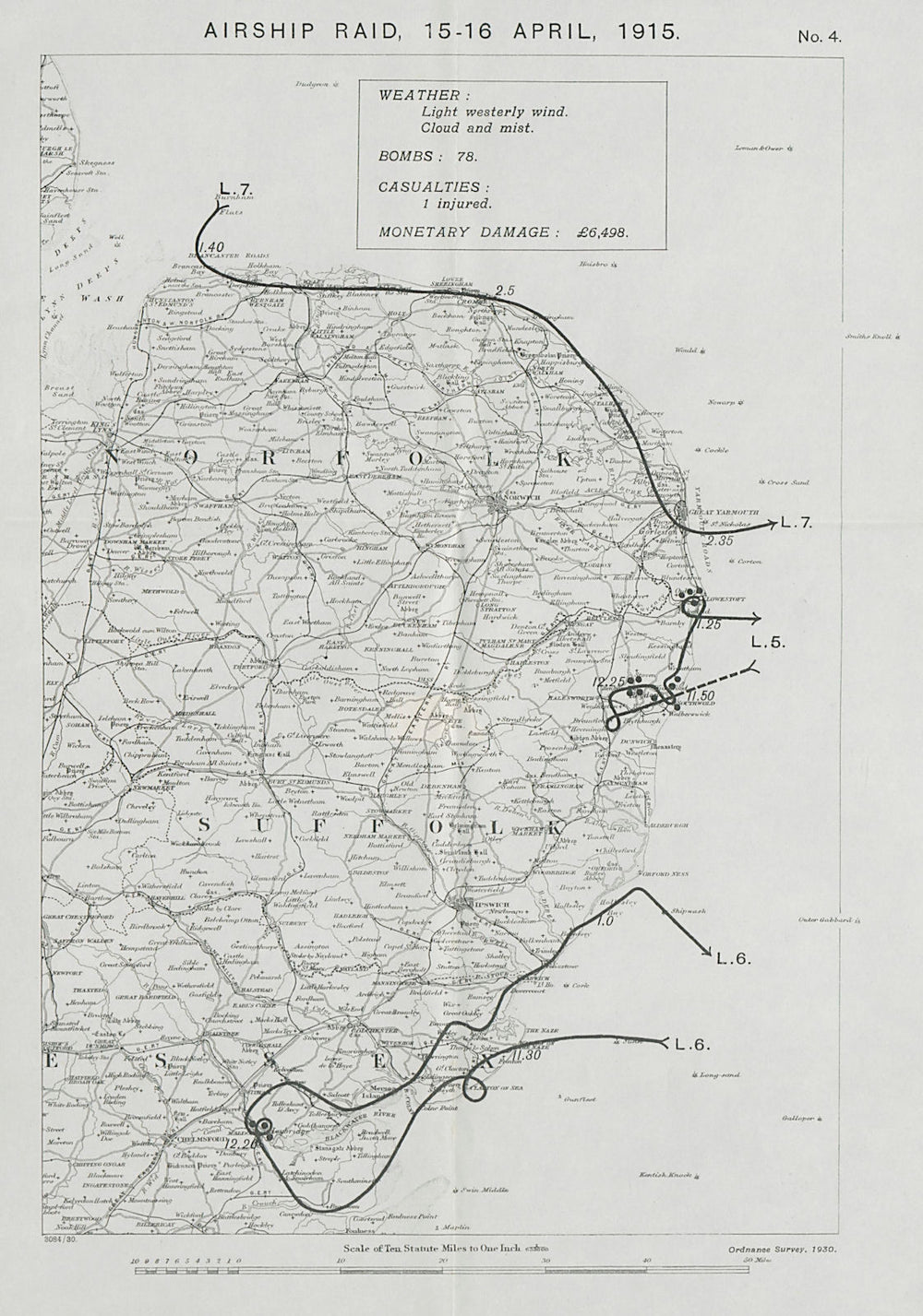 WW1 German Airship raid 15-16 April 1915 Lowestoft Southwold Maldon 1930 map