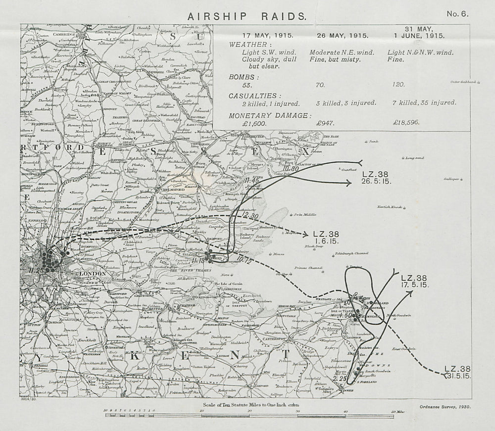 WW1 German Airship raid 17 May-1 June 1915 Southend Ramsgate London 1930 map