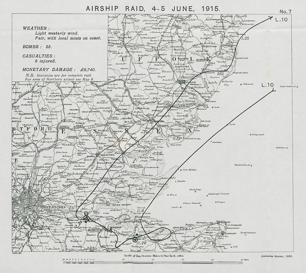 WW1 German Airship raid 4-5 June 1915. Gravesend Sittingbourne Kent 1930 map