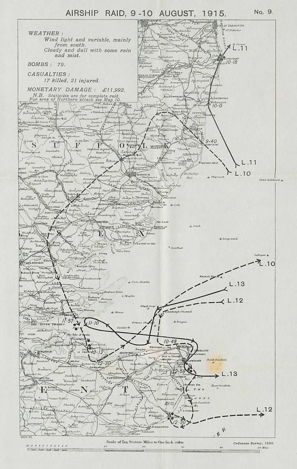 WW1 German Airship raid August 1915 Lowestoft Dover Ramsgate Sheerness 1930 map