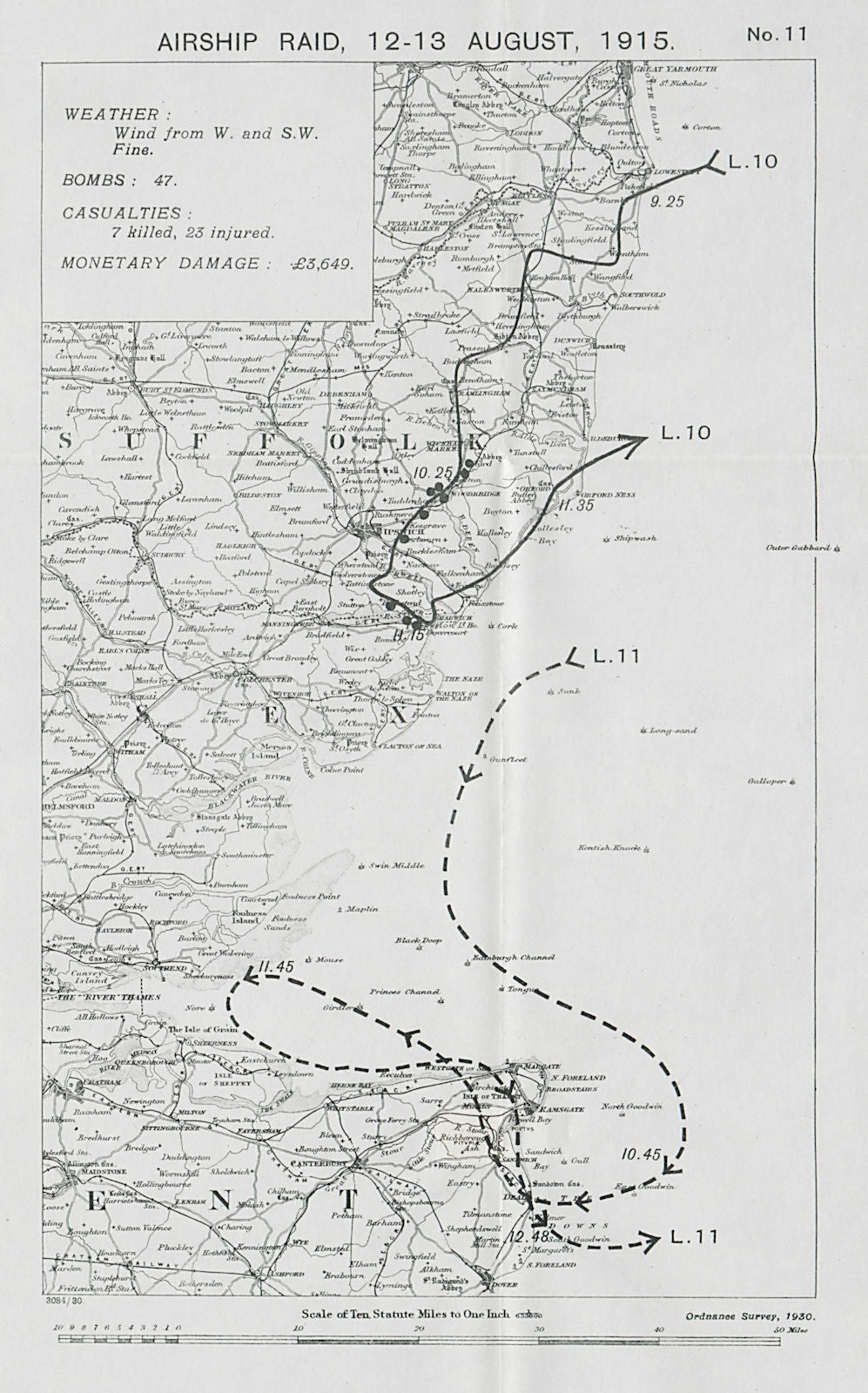 WW1 German Airship raid 12-13 August 1915 Harwich Ipswich Thanet 1930 old map