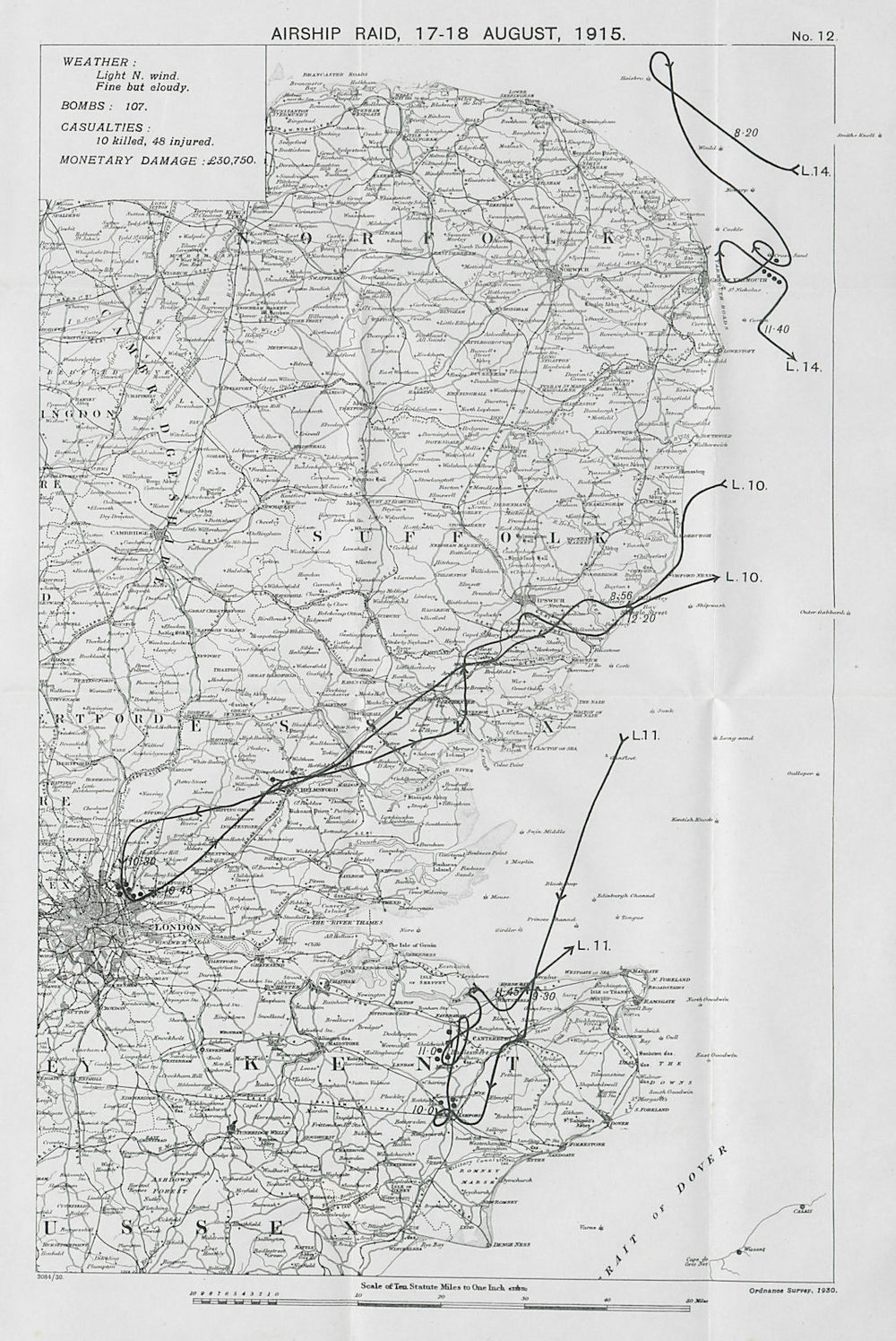 WW1 German Airship raid August 1915 Yarmouth London Chelmsford Ashford 1930 map