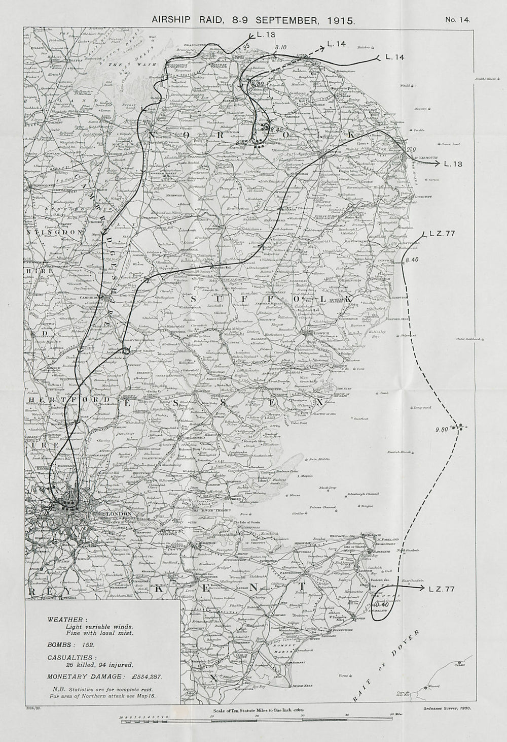 WW1 German Airship raid 8-9 September 1915 London East Dereham 1930 old map