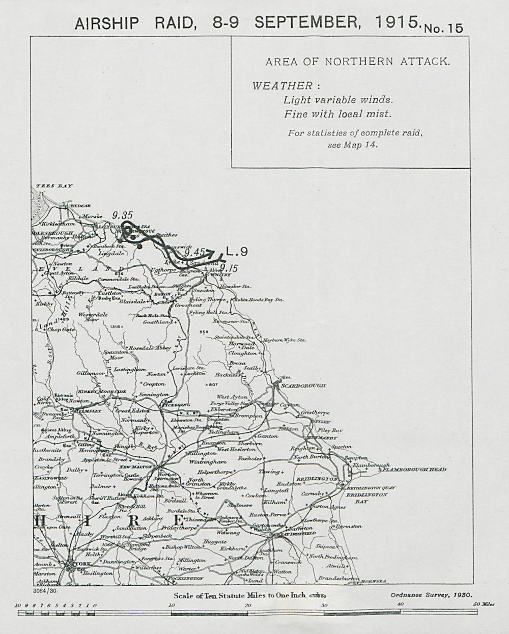 WW1 German Airship raid 8-9 September 1915 Saltburn-by-Sea Yorkshire 1930 map