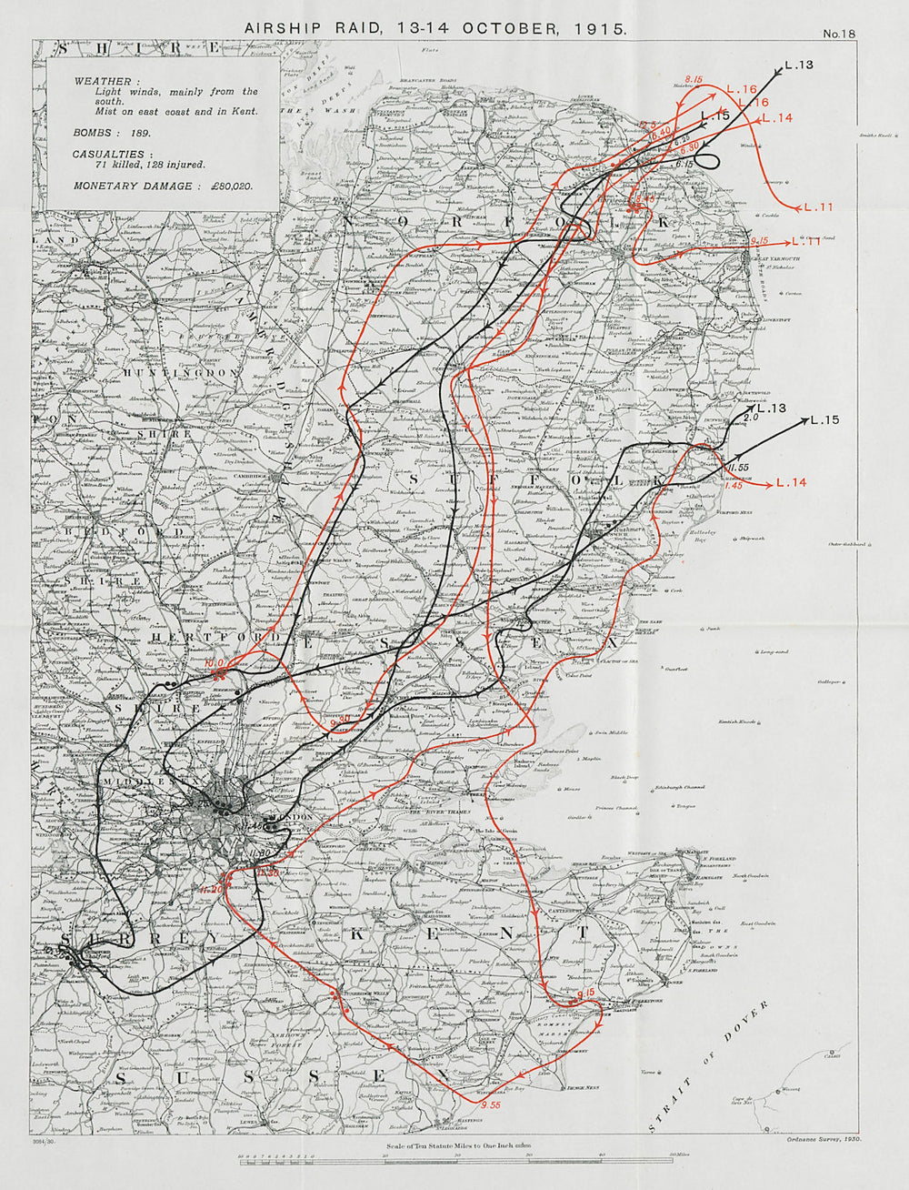 WW1 German Airship raid Sept. 1915 London Guildford Ipswich Hertford 1930 map