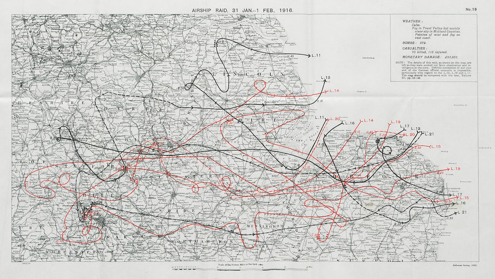 WW1 German Airship raid October 1915 Stoke Burton Derby Dudley Walsall 1930 map