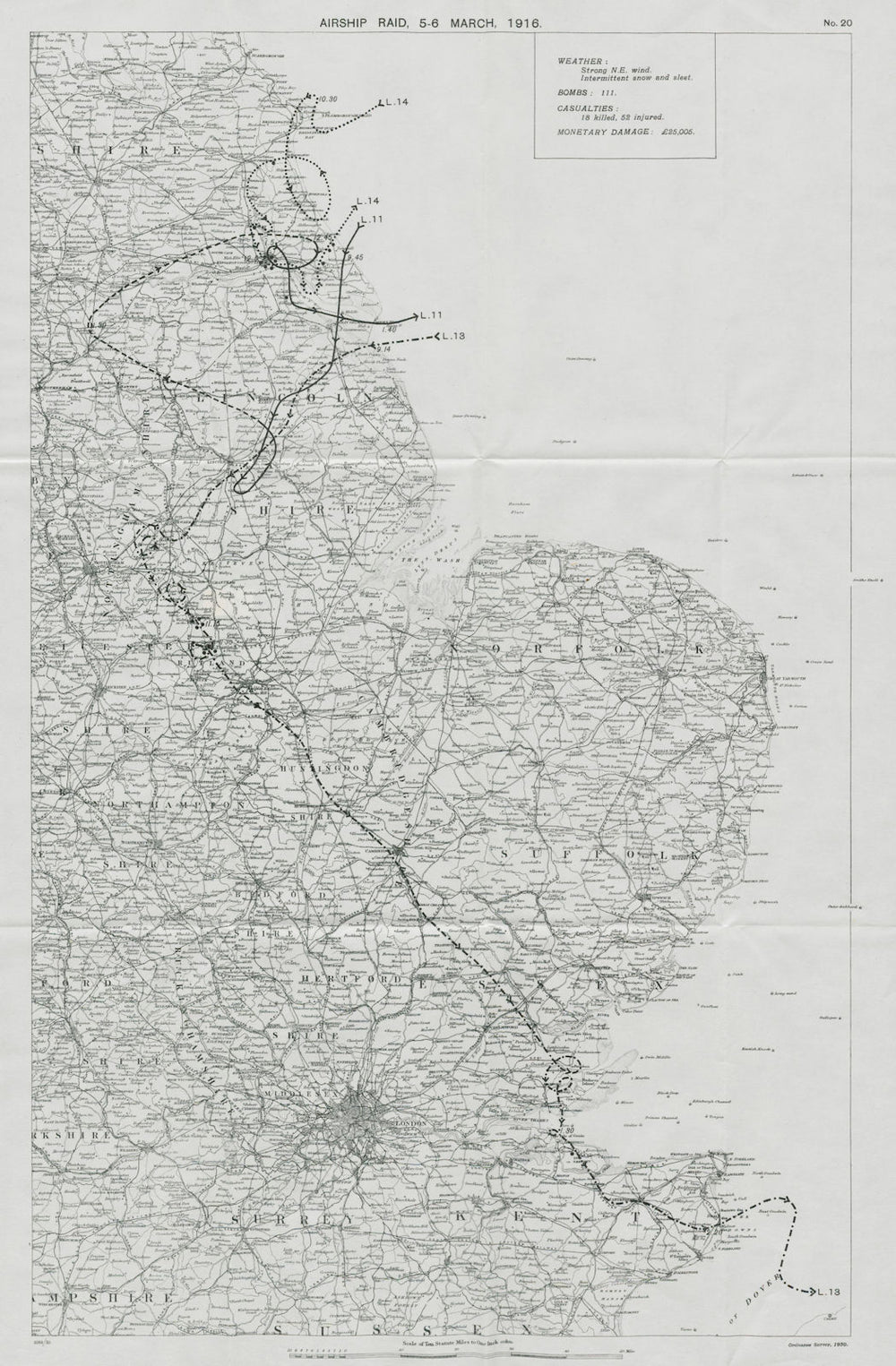 WW1 German Airship raid 5-6 March 1916 Sheerness Hull Beverley 1930 old map