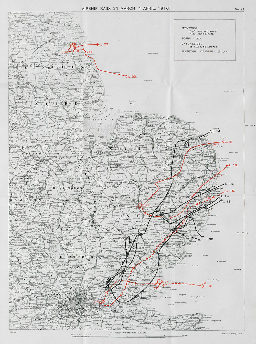 WW1 German Airship raid 1916 Rainham Ongar Grimsby Suffolk Braintree 1930 map