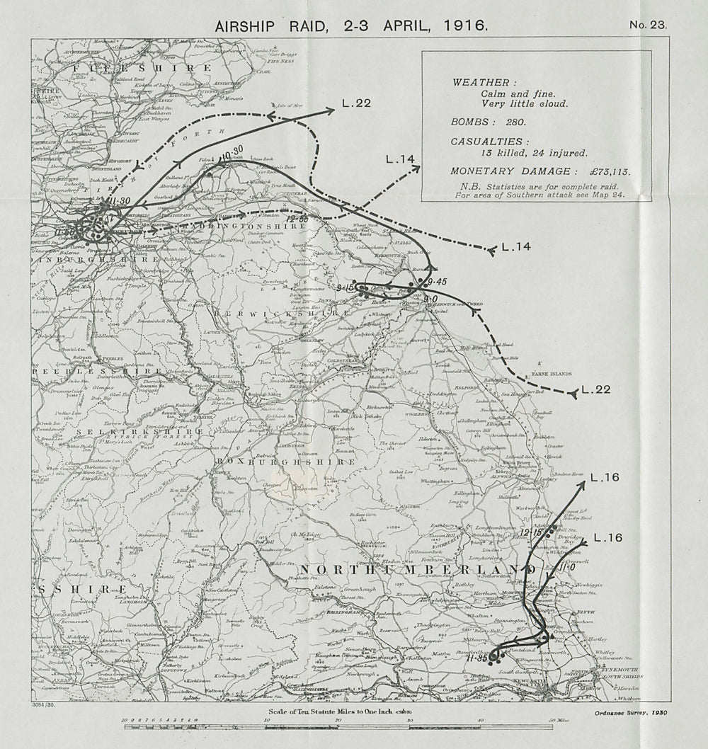 WW1 German Airship raid 2-3 April 1916 Edinburgh Chirnside Tyneside 1930 map