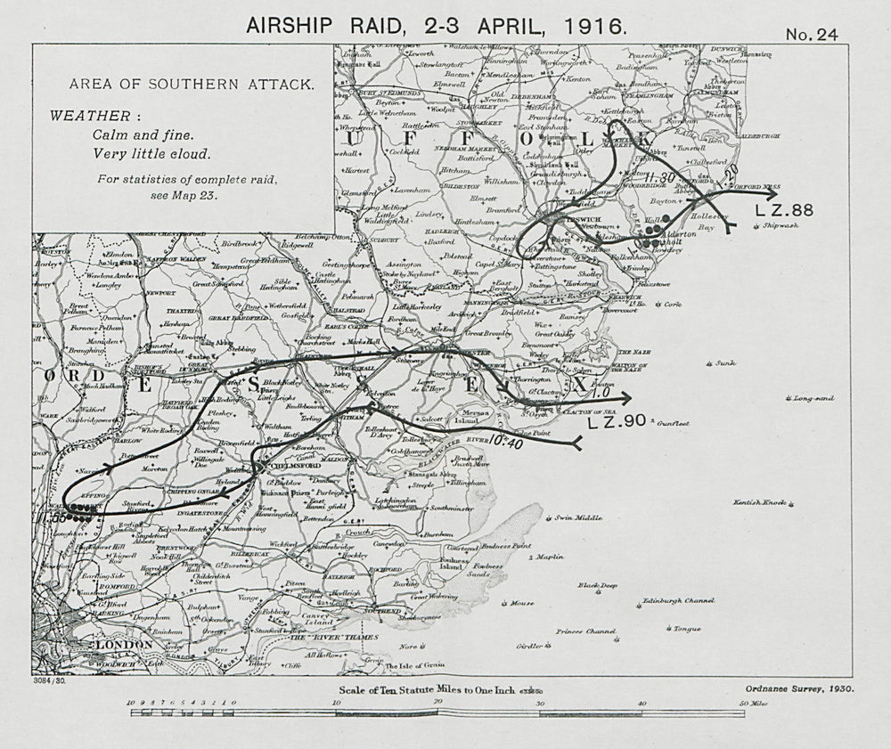 WW1 German Airship raid 2-3 April 1916 Waltham Abbey Bawdsey Essex 1930 map