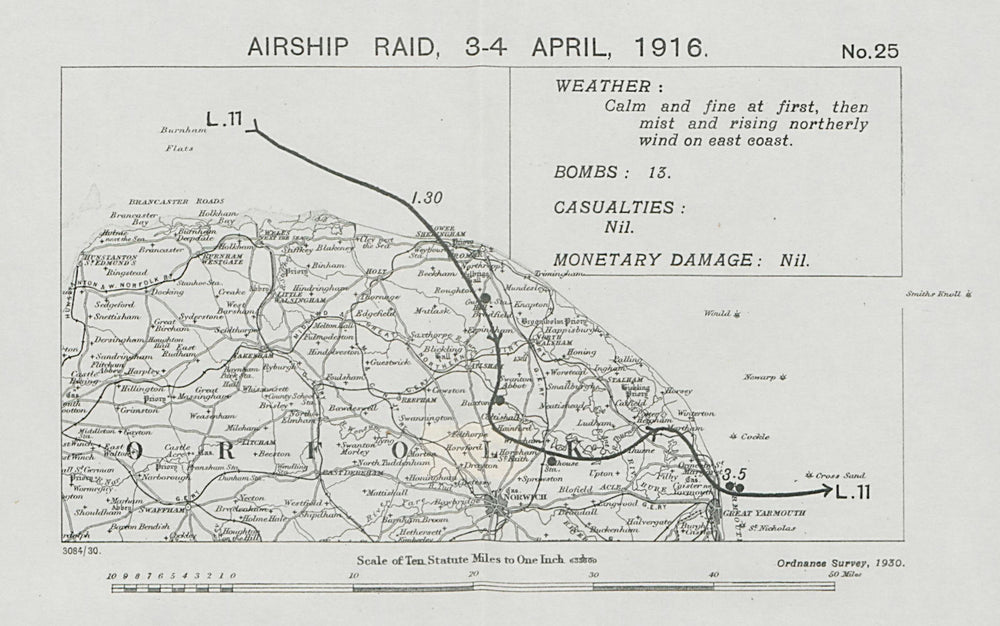 WW1 German Airship raid 3-4 April 1916 Great Yarmouth Cromer Norfolk 1930 map