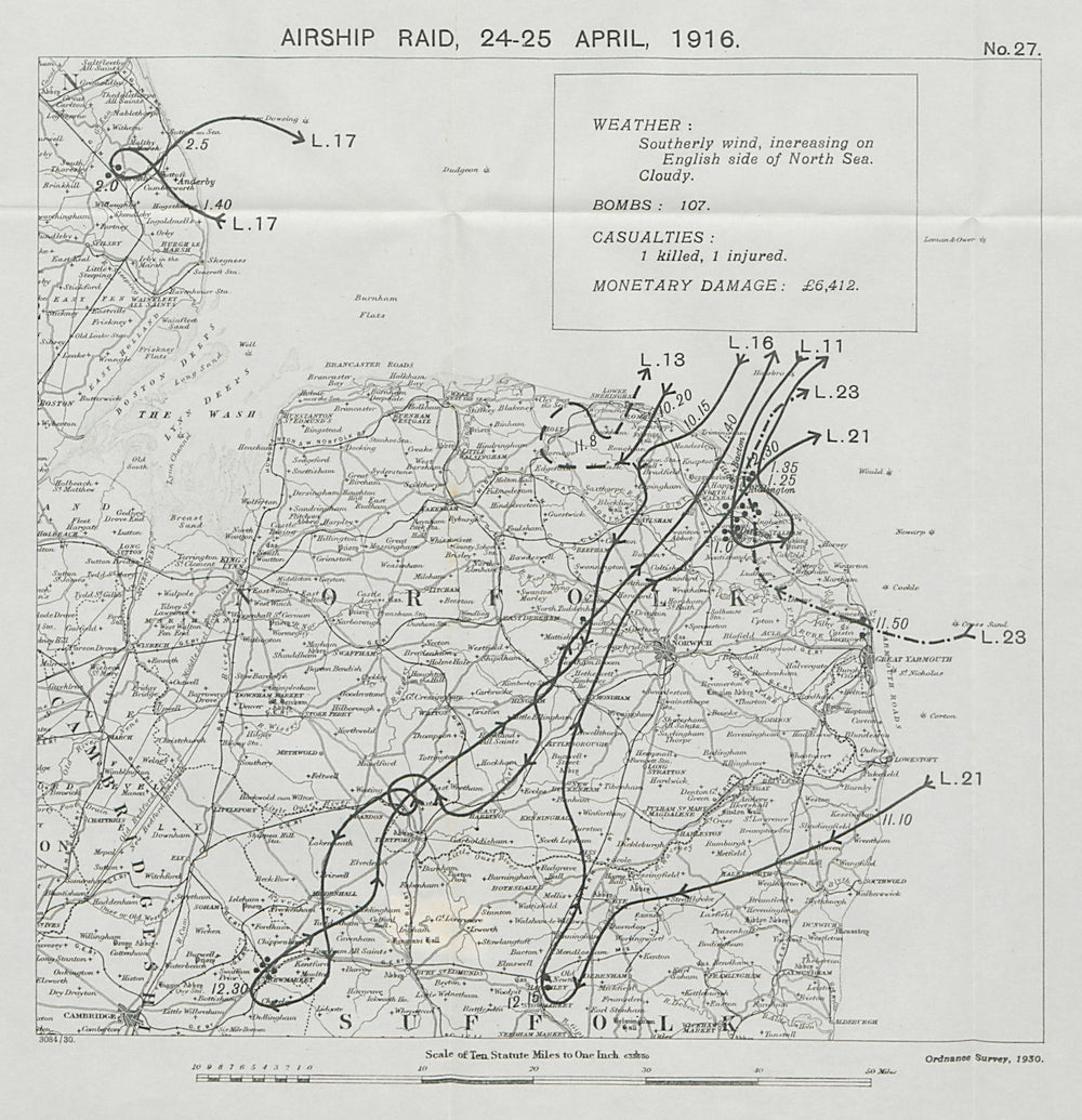 WW1 German Airship raid April 1916 Newmarket Bacton Alford Norfolk 1930 map