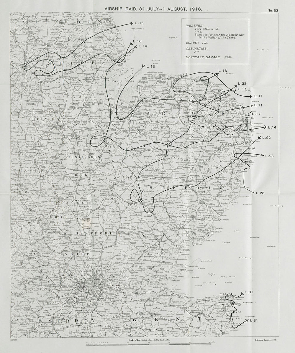 WW1 German Airship raid July/Aug 1916 Thanet Norfolk Haverhill Newark 1930 map