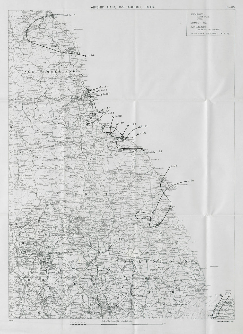 WW1 German Airship raid August 1916 Hull Hartlepool Tynemouth Saltburn 1930 map