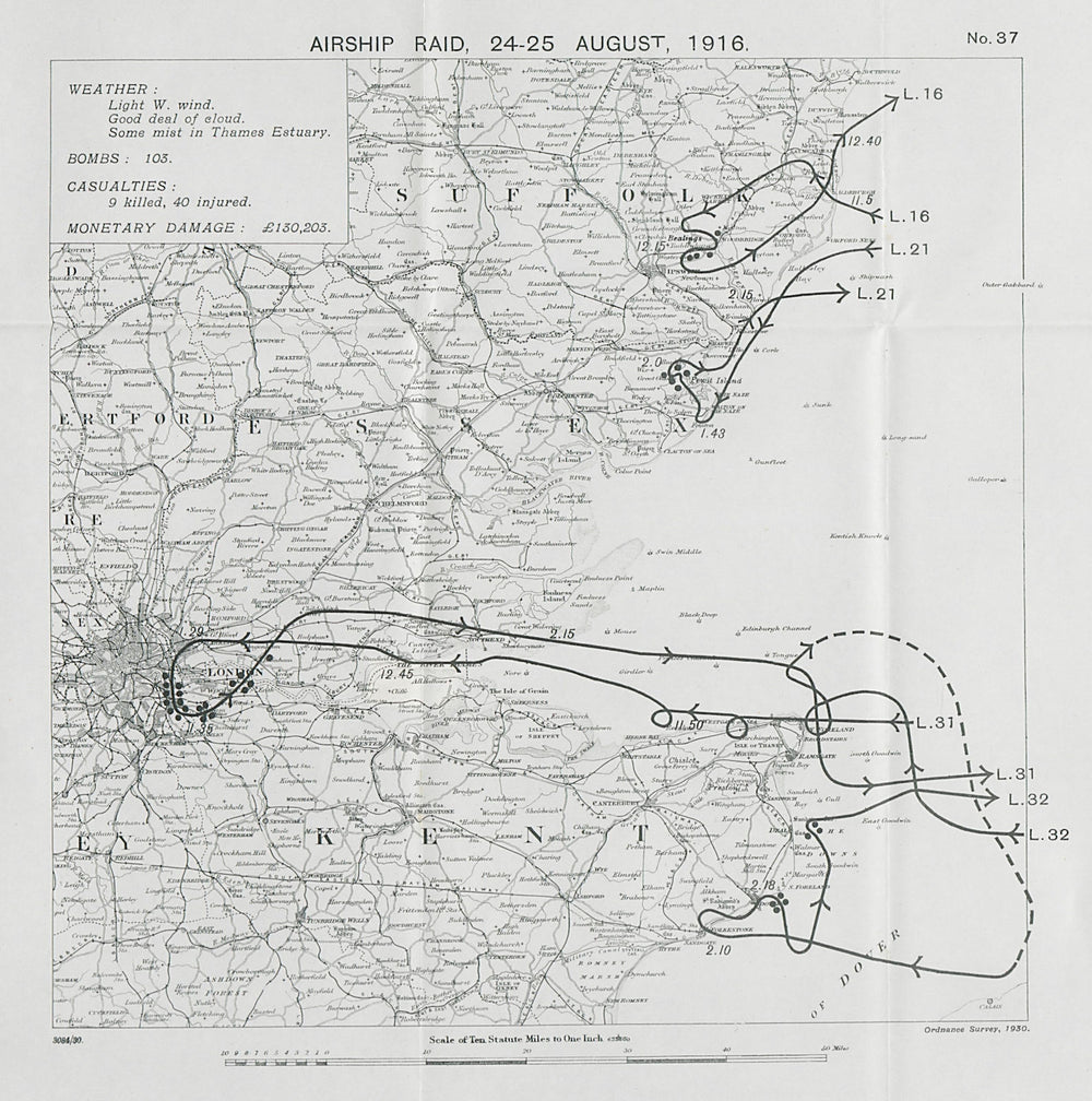WW1 German Airship raid 24-25 August 1916 London Dover Ipswich Deal 1930 map