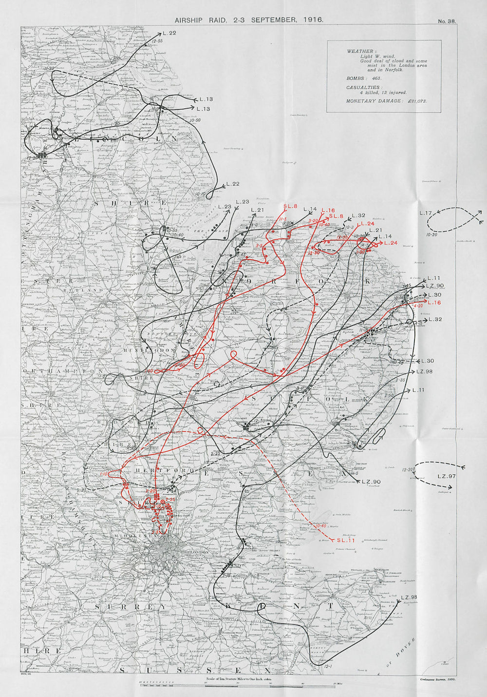 WW1 German Airship raid September 1916 Eastern England Norfolk Enfield 1930 map