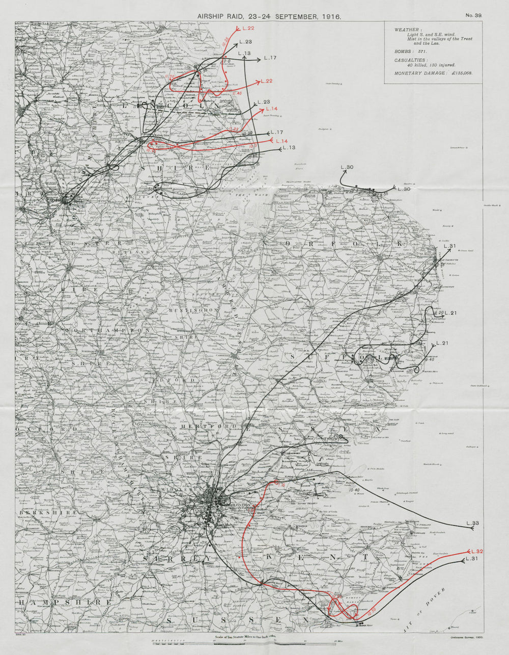 WW1 German Airship raid 23-24 September 1916 London Nottingham Sleaford 1930 map