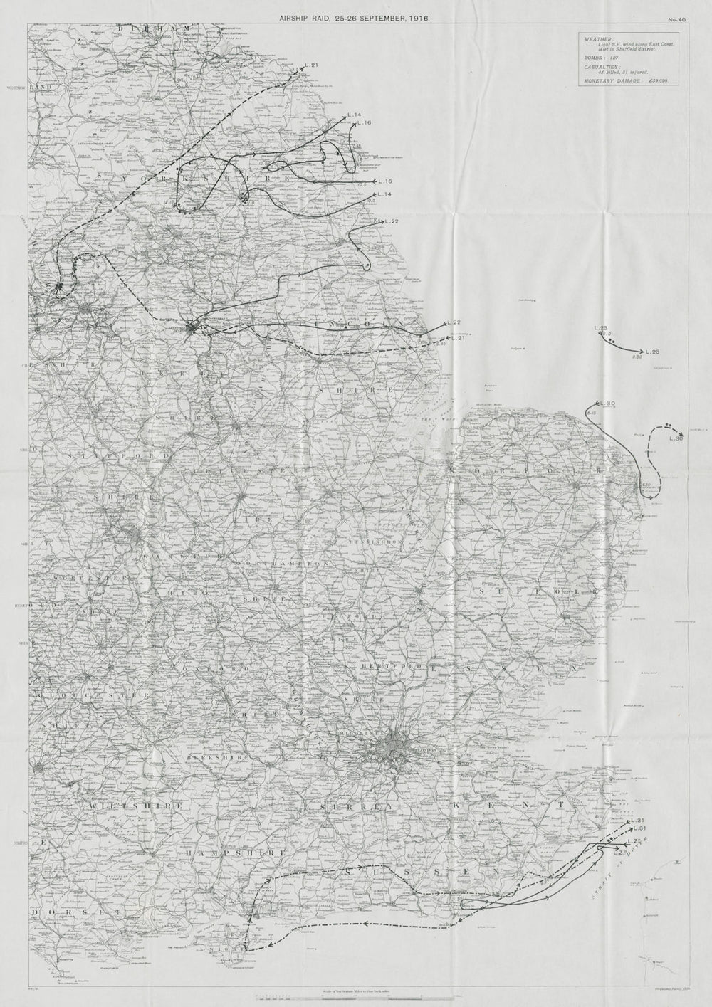 WW1 German Airship raid September 1916 Sheffield Wetherby York Bolton 1930 map
