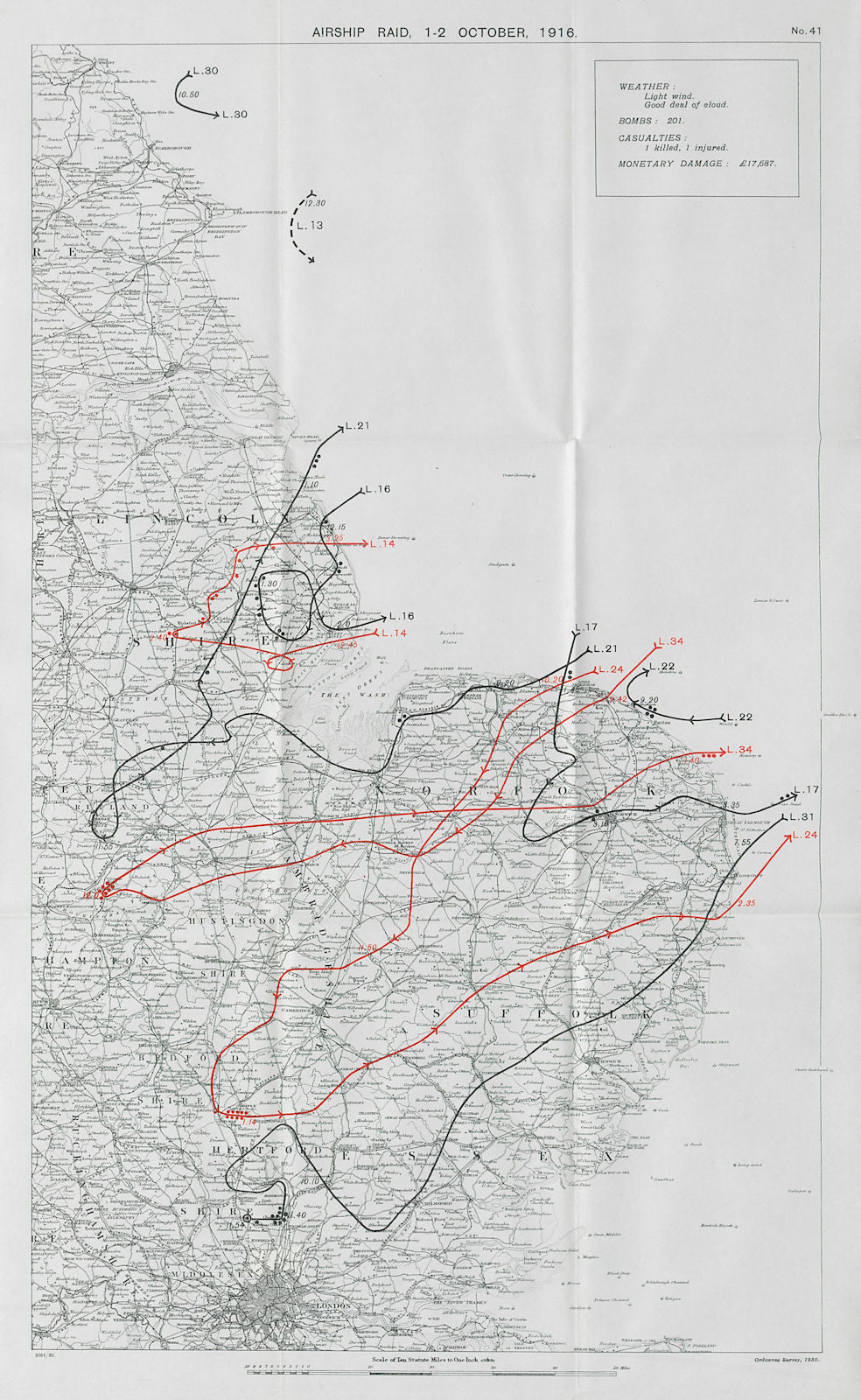 WW1 German Airship raid 1-2 October 1916 Cheshunt Hitchin Lincolnshire 1930 map