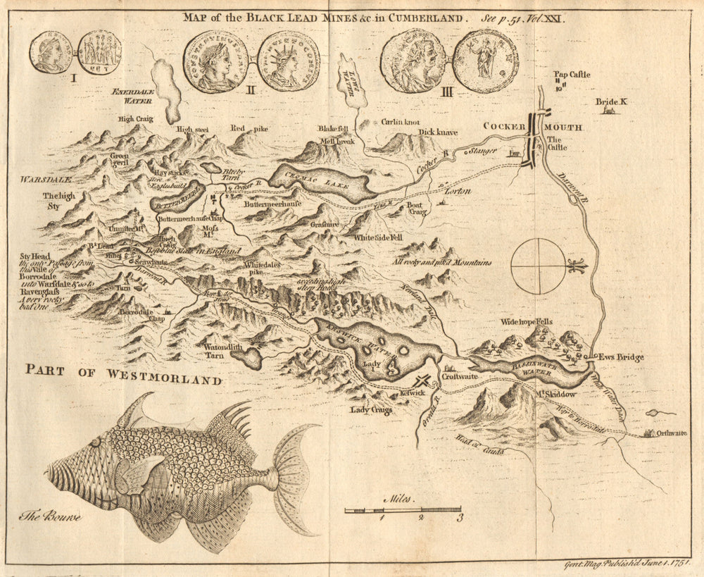 The Black Lead Mines in Cumberland. English Lake District. GENTS MAG 1751 map