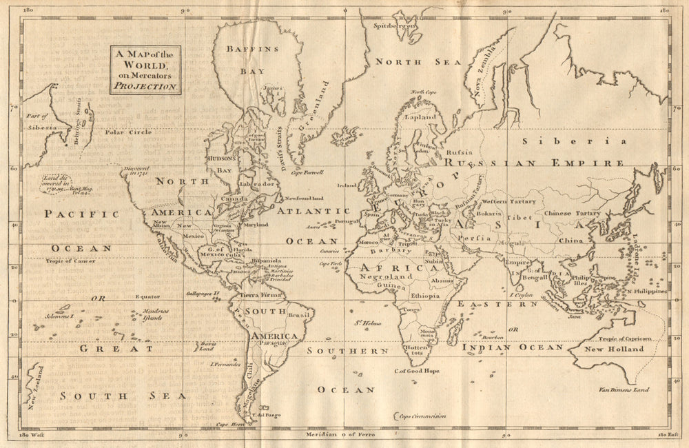 A map of the world on Mercators Projection. Davis Land. GENTS MAG 1755 old