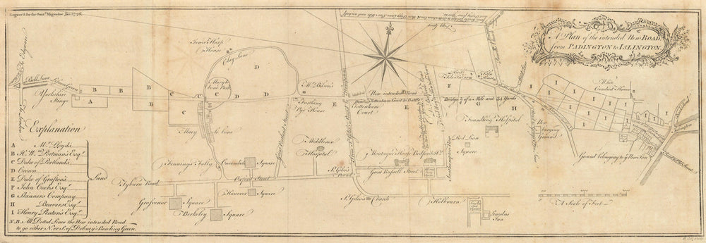 New road from Padington to Islington. Marylebone Euston Bloomsbury COLE 1755 map