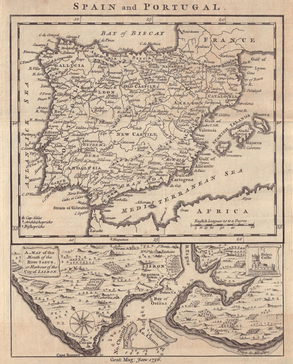 Spain & Portugal. Mouth of the River Tagus, Lisbon harbour. GENTS MAG 1756 map